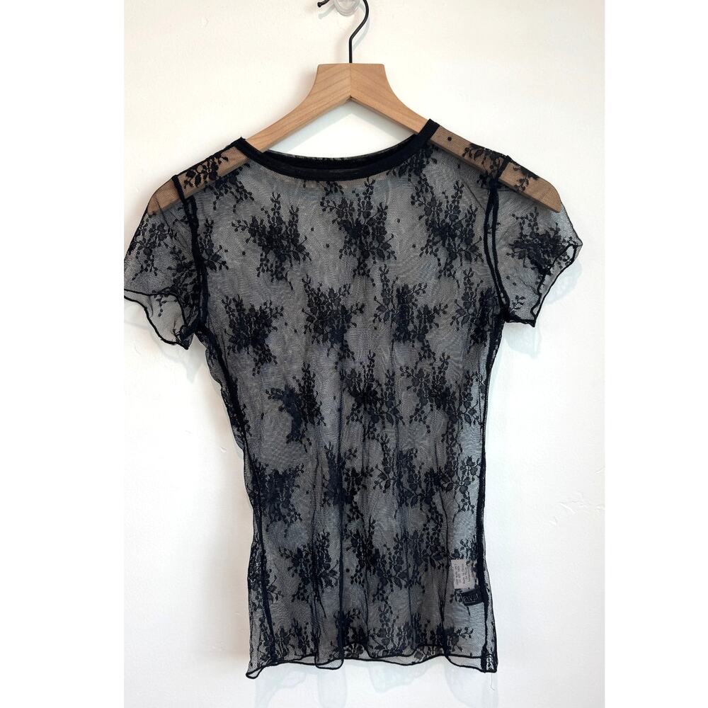 Black Floral Mesh Sheer Top Short Sleeve Layering Tee Size Small